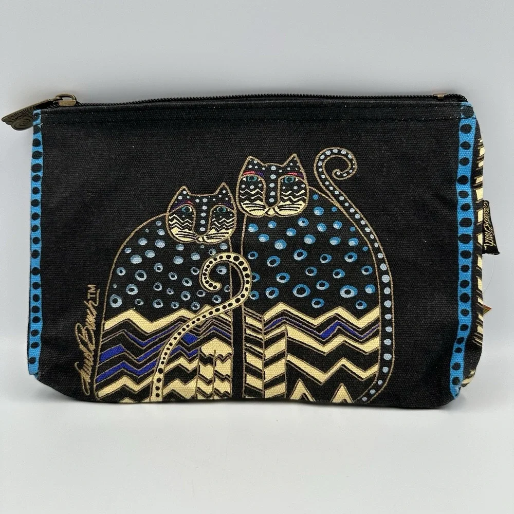 Laurel Burch Cats Zipper Pouch Cosmetic Bag‎ Black Blue Spotted 9